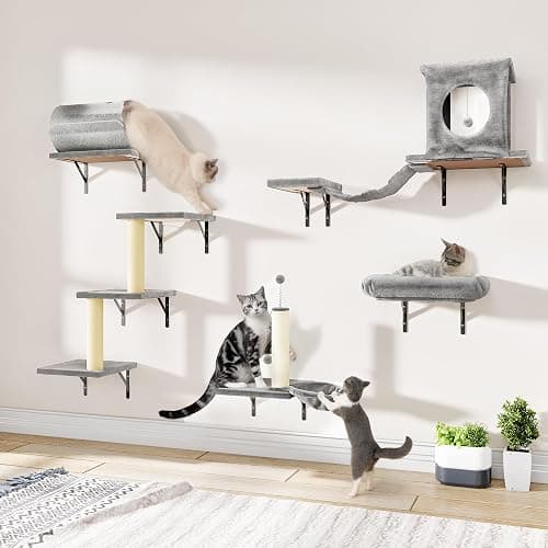 NUNU LAB Wall Mounted Cat Wall Shelves, 14-in-1 Cat Wall Climber with Bridge, Tunnel, House, Scratcher, Steps, Indoor Space-Saving Furniture for Kittens Play, Gray thumbnail 7