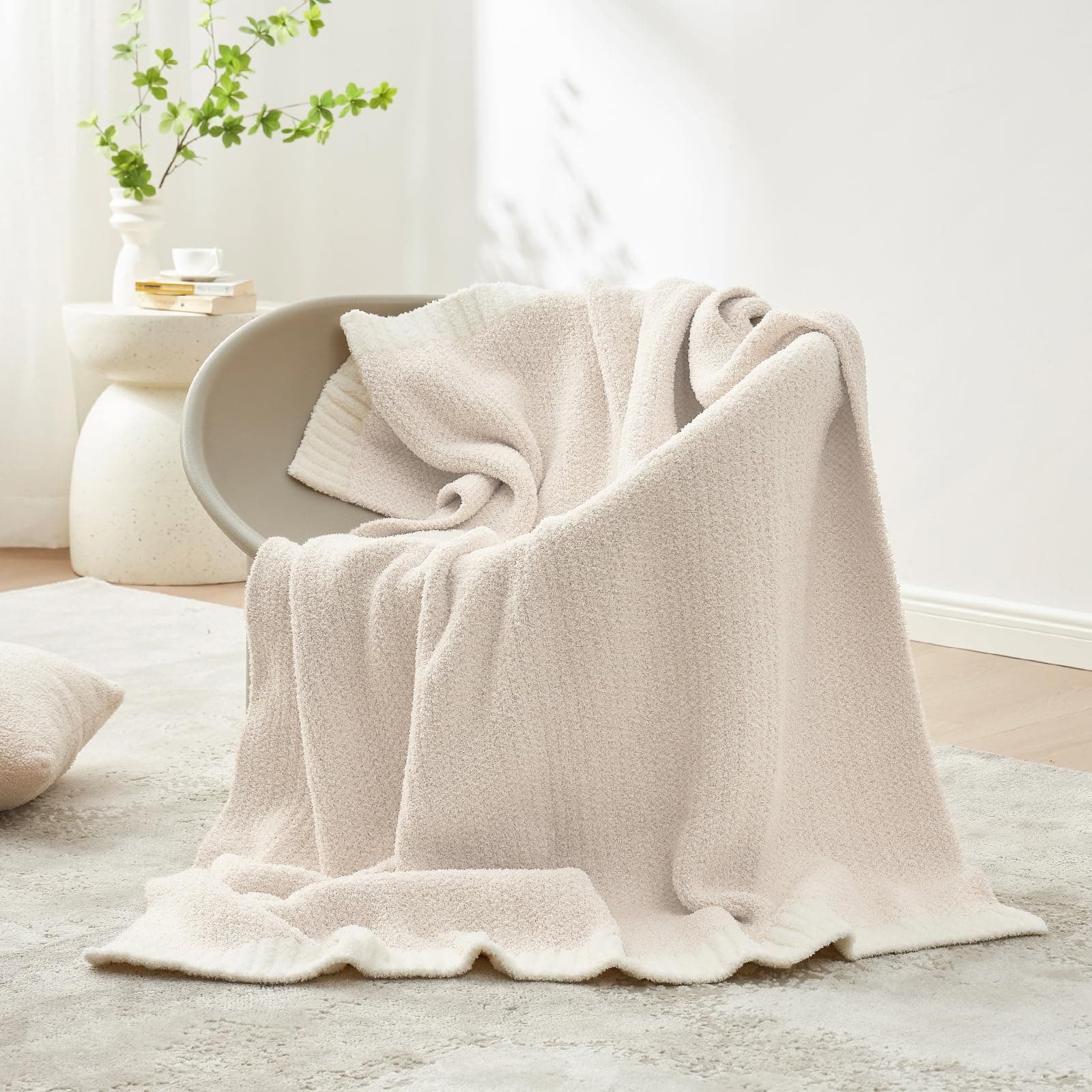 Weaveinbay Knitted Throw Blanket, Super Soft Warm Cozy Throw, Reversible Heather Blanket for Couch, Bed, Sofa, Beige, 127x152CM thumbnail 5