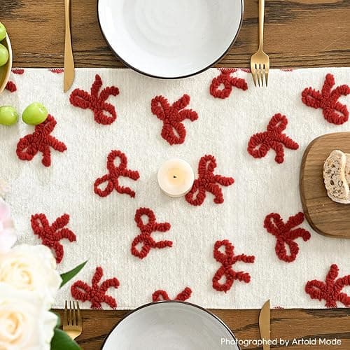 Artoid Mode Soft Coral Fleece Jacquard Red Bows Table Runner, Kitchen Dining Table Decoration for Home Party Decor 13x72 Inch thumbnail 3