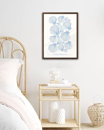 EcoHest Christian Bible Verse Framed Wall Art, 12x16 in Walnut Color OAK Wood Seashell Nautical Scripture Quote Canvas Wall Art, Psalm 104:25 Home Decor, Beige Logs 1Pack for Bedroom Living Room thumbnail 6