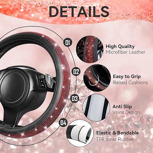 CAR PASS 30 PCS Bling Diamond Car Accessories Set for Women, Bling Steering Wheel Covers 15 Inch, Shining Rhinestone License Plate Frame, Sparkly Phone Holder, Cute Interior Set Decorations, Red thumbnail 2