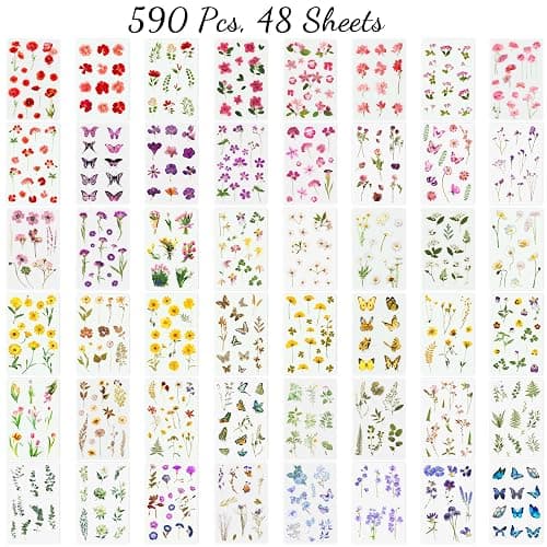 Arme Flower Stickers for Scrapbooking(590 Pieces, 48 Sheets),Decorative Floral Stickers, Small Flower Sticker for Adults, Pressed Flowers Sticker's Pack, Colorful Wildflower Sticker for Scrapbooking thumbnail 3