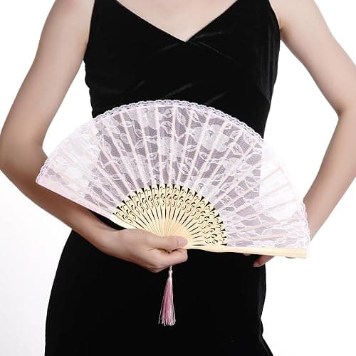 choyaxo Lace Handheld Chinese Folding Fan Bamboo Silk Folding Fan for Women Wedding Decoration Dancing Party,Pink thumbnail 2