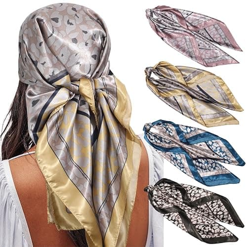 AWAYTR 35” Satin Large Square Head Scarves - 4PCS Silk Like Neck Scarf Hair Sleeping Wraps Satin Silk Scarfs for Women - Image 1