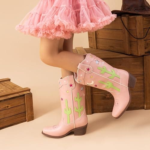 DREAM PAIRS Girls Cowboy Boots Cowgirl Mid Calf Western Boots with Low Heel Square Toe for Little Kid/Big Kid thumbnail 2