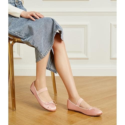 Trary Ballet Flats for Women Closed Round Toe Mary Jane Shoes Women Cute Bowknot Non-Slip Dressy Shoes Elastic Strap Comfortable Women's Flats for All-Year Daily Work Causal - 8 - Pink thumbnail 4