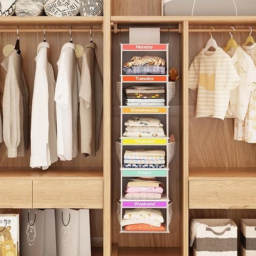 Fixwal 2 Pack 6-Shelf Weekly Hanging Closet Organizer for Kids, Kids Daily Clothes Organizers with 6 Side Pockets, Days of The Week Hanging Storage Shelves (White) - White thumbnail 5