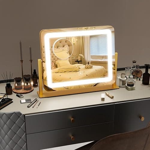 ROLOVE Gold Vanity Mirror with Lights 15" x 12", Lighted Makeup Mirror with 10X Magnification, 3 Color Lighting & Dimmable Brightness, Make Up Mirror with Lighting for Bedroom Tabletop thumbnail 3