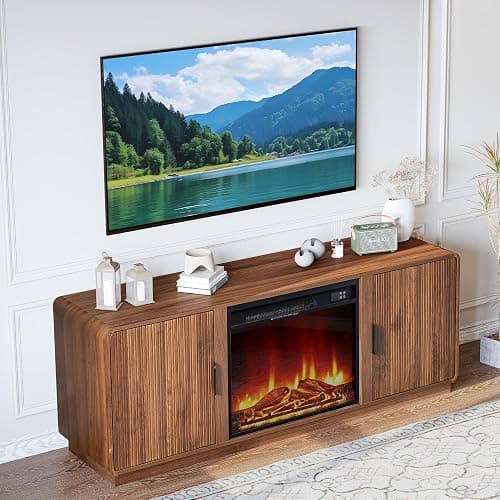 BERRYMERRY 60inch Fireplace TV Stand with 23" Electric Fireplace Heater,Mid Century Modern Fluted Entertainment Center for TVs Up to 75" for Living Room, Bedroom (Brown with Fireplace) thumbnail 4