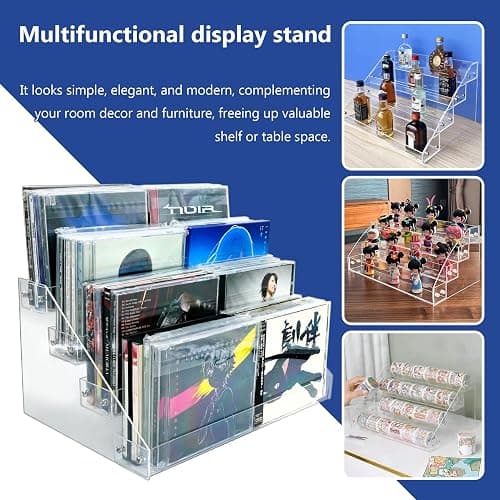 4Tier Clear Acrylic CD Holder - Cascading CD & DVD Storage Rack with Vinyl Record Stand - Holds up to 32 Cases (Large, Clear) thumbnail 4
