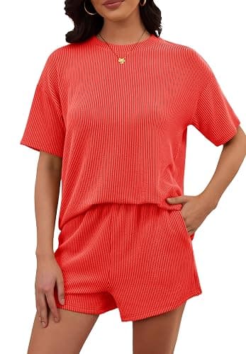 RUBZOOF Women's 2 Piece Sets Short Sleeve Outfits Ribbed Textured Knit Lounge Shorts Set Oversized Tracksuit Matching Sets thumbnail 3