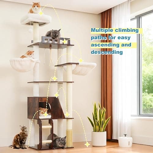 Hey-brother Wooden Cat Tree, 69.7 inch Cats Furniture Tower with Large Platforms, Hammocks, Spacious Condo, Full Sisal Scratching Posts, Ladder, Brush, Water Proof Surface, Rustic Brown MPJ121SR thumbnail 9