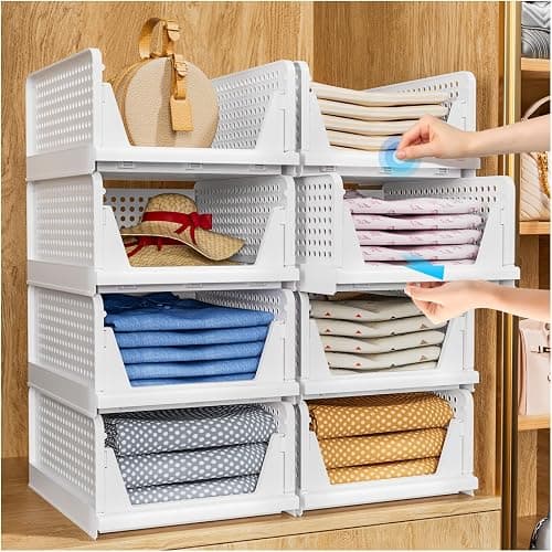 TidyIsles Wardrobe Storage Organiser - 4 Pack Folding Closet Organisers, Stackable Storage Boxes, Plastic Drawer Organiser Basket for Bedroom Kitchen Bathroom White - Image 1