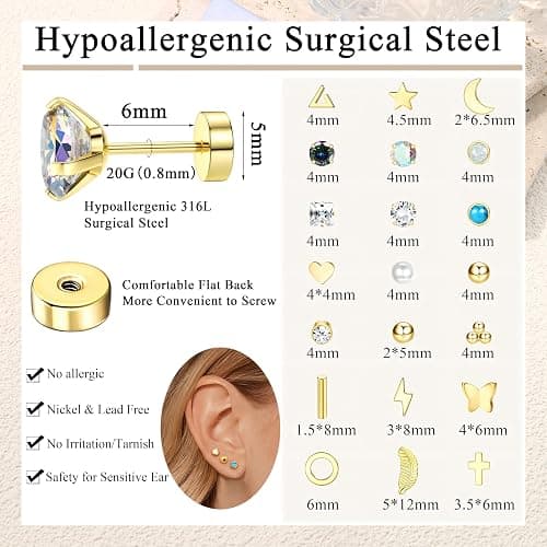Diamday 21 Pairs Flat Back Stud Earrings for Women Men Surgical Stainless Steel Earrings Set Hypoallergenic Helix Cartilage Earrings Small Studs Earrings Screw Back Earrings Piercing Ear Studs thumbnail 5