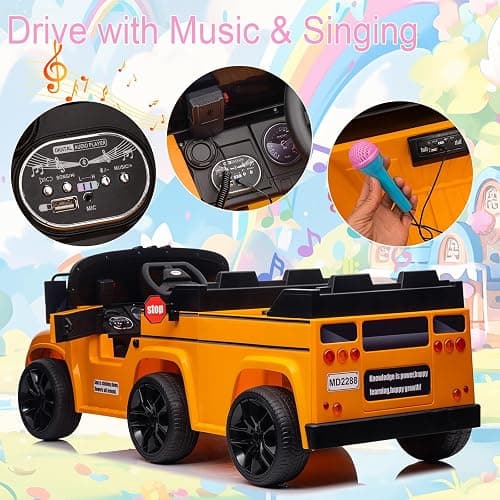 24V 2 Seater Ride on School Bus 4WD Kids Ride on Car, 6 Wheels Battery Powered Car w/Remote Control, Electric Cars for Kids to Drive, LED Light, Music, Bluetooth for Boys & Girls thumbnail 7