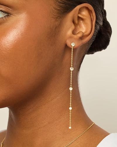 PAVOI 14K Gold Plated Station Linear Dangle Earrings for Women, CZ Earrings | Hypoallergenic Earrings with 925 Sterling Silver Posts, Simulated Diamond Chain Drop Earrings thumbnail 2