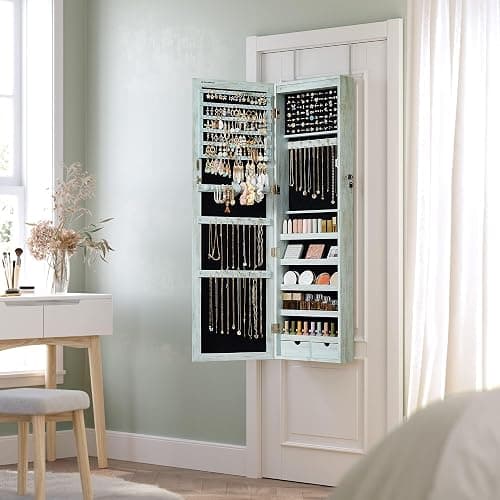 SONGMICS 6 LEDs Mirror Jewelry Cabinet, 47.2-Inch Tall Lockable Wall or Door Mounted Jewelry Armoire Organizer with Mirror, 2 Drawers, Christmas Gift, 3.9 x 14.6 x 47.2 Inches, Rustic Green thumbnail 8