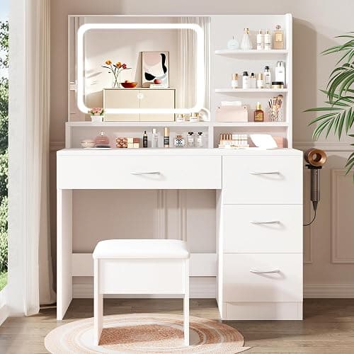 LIVELYGLOW White Makeup Vanity Desk with Charging Station & 4 Drawers | Smart LED Mirror, Cushioned-Stool, Hairdryer Rack thumbnail 9