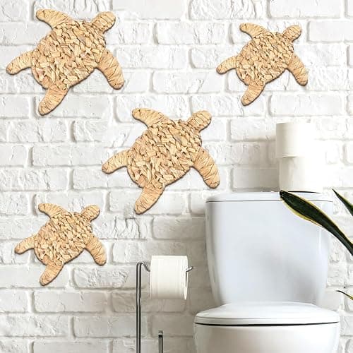 Threehoney 4 Pcs Turtle Beach Theme Decor Handmade Wicker Turtle Wall Decor Sea Life Hanging Wall Art Coastal Nautical Sculpture Table Decoration for Boho Bathroom Indoor Outdoor Ornament thumbnail 5