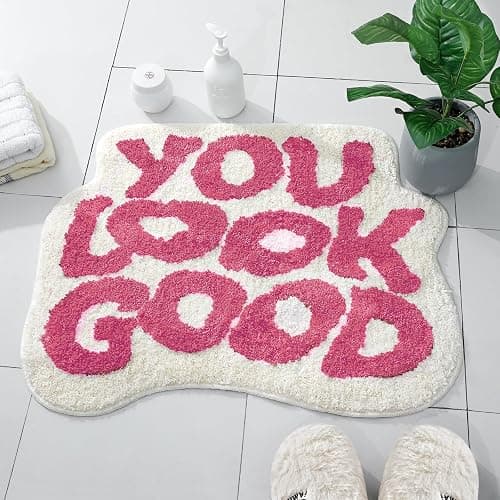 TOIVO You Look Good Bath Mat - Stylish Funny Pink Bathroom Rug with Cute Words, Absorbent & Non-Slip - 25x21 inch (RED) - Image 1
