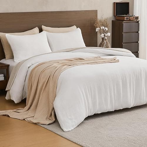 EMME Muslin Cotton Duvet Cover Set Cream White Queen Size Linen Like Soft Breathable Lightweight Summer Comforter Cover Set with Zipper Closure (Cream White, Queen, 90"x90") thumbnail 4