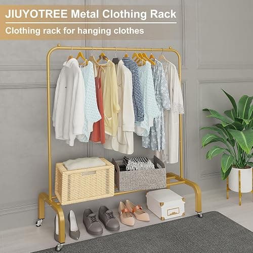 JIUYOTREE Metal Clothing Rack with Wheels 43.3 Inches Rolling Clothes Garment Coat Rack with Bottom Shelf Clothing Rack for Hanging Clothes Coats Skirts Shirts Sweaters Gold thumbnail 4