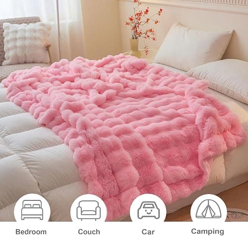 LIFEREVO Luxury Fluffy Faux Rabbit Fur Throw, Plush Fuzzy Bubble Waffle Blanket for Couch Sofa, Soft Cute Furry Blanket Home Decoration, Shaggy Lap Throw for Bedroom Living Room Office, 50x60, Pink thumbnail 4