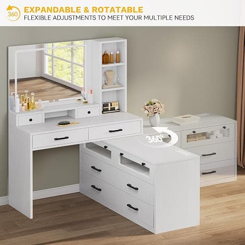 YITAHOME Vanity Desk with Mirror and Lights, RGB Makeup Vanity Table Set with 10 Drawers and 4 Storage Shelves, 3 Lighting Modes Adjustable, Large Makeup Dressing Table with Charging Station, White thumbnail 3