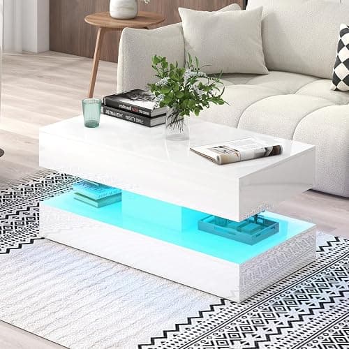 Verano Garden Modern High Gloss LED Coffee Table with Storage, 2-Tier Center Table with Open Display Shelf & 2 Sliding Drawers, Rectangle Coffee Tables for Living Room, Bedroom thumbnail 8