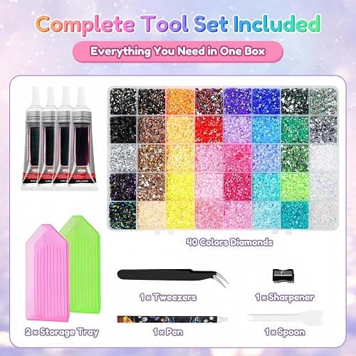 Winwj 40 Colors 40000pcs Bedazzling Kit with Glue and Pen, 3mm Nail Art Rhinestones, Flatback Gems with Tweezers & Pen, Nail Art Crystals for DIY Crafts, Phone Cases, Clothes thumbnail 5