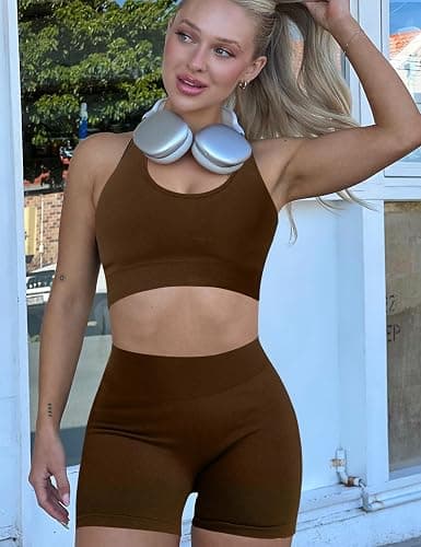 OLCHEE Workout Sets for Women 2 Piece Backless Halter Sports Bra High Waist Booty Shorts Yoga Gym Outfits Lounge Activewear thumbnail 2