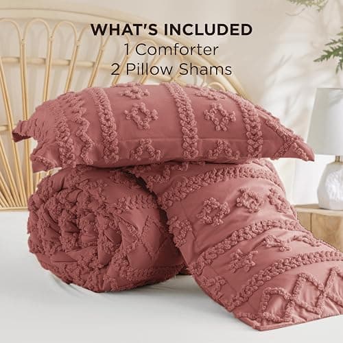 Bedsure Tufted Boho Comforter Set Queen Size - Grayish Pink Boho Bed Set, GentleSoft™ 3 Pieces Farmhouse Shabby Chic Embroidery Bedding, Gifts for Woman, Soft Jacquard Queen Comforter for All Seasons thumbnail 7