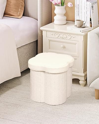 B FSOBEIIALEO Ottoman Cube Storage, Flowers Shaped Ottoman with Storage Teddy Ottomans Foot Stool Footrest for Lving Room, Boucle Stool Ottoman Seat for Dorm Room, White 12.6"x12.6"x12.6" thumbnail 6