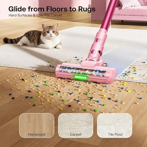 Trucozie Cordless Vacuum Cleaner, Self-Standing Lightweight Stick Vacuum with 50 mins Runtime, Powerful Suction, Anti-Tangle Wireless Vacuum for Home, Hardwood Floor, Carpet, Pet Hair, Pink thumbnail 8