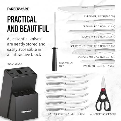 FARBERWARE 15-Piece Kitchen Knife Set with High-Carbon Stainless Steel Blades, Black Handles, Steak Knives, Wood Block, Razor Sharp and Ergonomic thumbnail 5