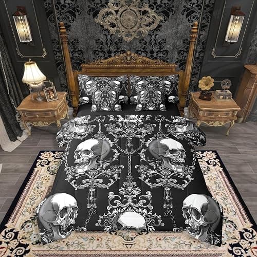 Erosebridal Damask Sugar Skull King Bed in A Bag 7 Piece Gothic Skull Pattern Comforter Set with Sheets Halloween Goth Skeleton Bedding Sets for Kids Adults,Bohemian Style Bed Set - Image 1