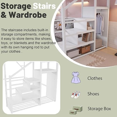 MoproBeti Full Loft Bed with Stairs, Metal Loft Beds Full Size with Storage Shelves, Adults Loft Bed with Wardrobe, Heavy Duty High Loft Bed for Teens, No Box Spring Needed, No Noise,White thumbnail 5