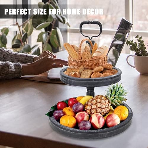 Vipush Farmhouse Two Tiered Tray,Distressed Wood Two Tier Tray,Decorative Rustic Wooden 2 Tier Serving Tray Cake Stand for Kitchen and Seasonal Decor,Black thumbnail 5