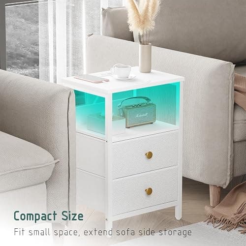 JOONEE White Nightstand with Outlet and LED Lights, Modern Bedside Table with Drawers, Small Night Table for Living Room, Bedroom thumbnail 6