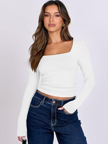 ANRABESS Women Double Lined Long Sleeve Crop Tops Shirts Square Neck Tight Fitted Going Out T-Shirt Basic Tee Outfits 2025 - Small - White thumbnail 5