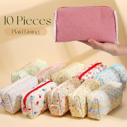 Paterr 10 Pcs Quilted Makeup Bag Bulk Cotton Floral Cosmetic Bag Women Girls Bridesmaid Gifts Cute Makeup Pouch Coquette Aesthetic Travel Toiletry Organizer(Classic Style,7.87 x 4.72 x 3.15 Inches) thumbnail 9