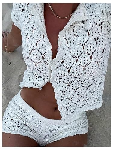 GORGLITTER Women's Crochet Short Sets Short Sleeve Button Down Cardigan Top and Shorts Vacation Outfits thumbnail 4