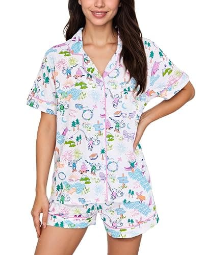 Zuafy Women's Pajamas Set Button Down Ladies Summer Pajamas Monkey Printed Sleepwear Short Sleeve 2 Pc Pjs for Birthday Gift - Image 1