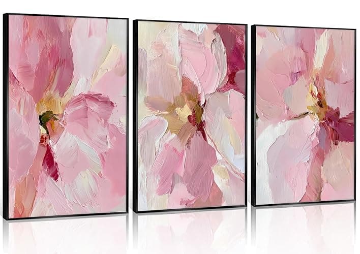 3Pcs Abstract Blush Pink Flower Canvas Wall Art, Textured Thick Paint Modern Floral Bloom Oil Painting Poster Print, Wall Decor Artwork for Bedroom Living Room Dining Room Home Decoration【Unframed】 - Image 1