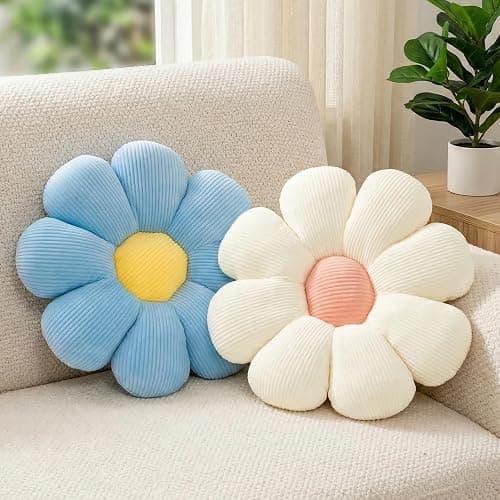 2 Pcs Blue White Flower Pillow Daisy Decorative Throw Pillows for Bed Couch | 15.35 Inch, Daisy Shaped, Fluffy and Soft, Cute Pillows for Girls Teens Women, Aesthetic Decor for Bed Sofa Bedroom Classroom thumbnail 2