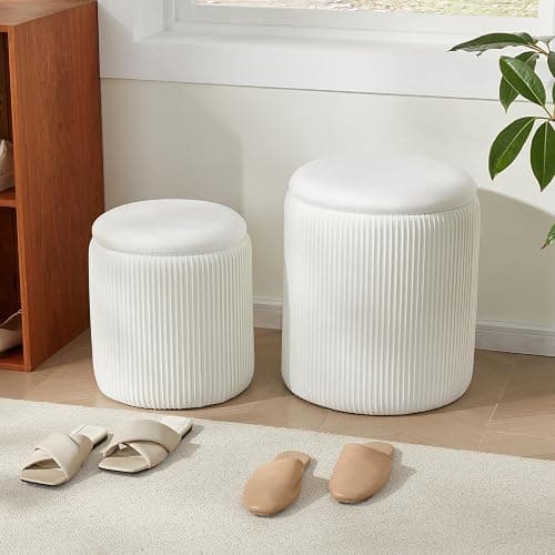 Royal Windsor Round Ottoman with Storage Set of 2,Vanity Stool with Storage for Bedroom, Ottoman Coffee Table,Small Velvet Foot Stool for Living Room, White thumbnail 9