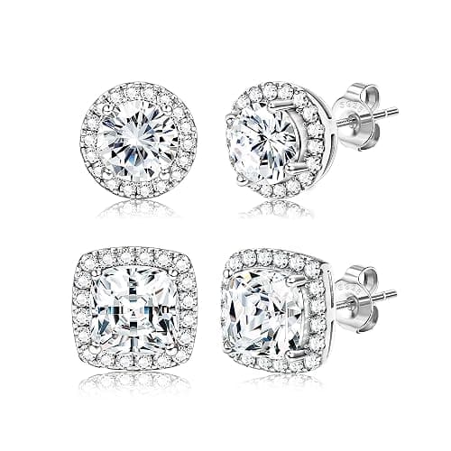 Hayoso 18K Gold Plated Halo Stud Earrings 925 Sterling Silver Cubic Zirconia Stud Earrings Round Square Diamonique Stud Earrings Set for Women Men - Image 1