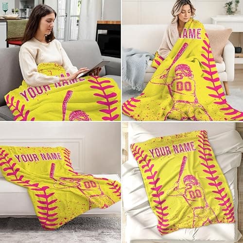 Personalized Softball Gifts for Girls - 30x40 Inches Softball Throw Blankets for Kids - Yellow Cool Lightweight Soft Blankets for Sofa, Lap & Office thumbnail 5