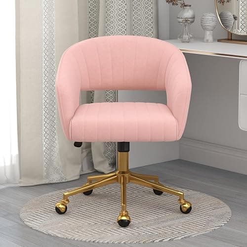 Home Office Chair Swivel Velvet Desk Chair Accent Armchair Upholstered Modern Tufted Chairs with Gold Base for Girls Women Ergonomic Study Seat Computer Task Stools for Living Room(Pink) thumbnail 9
