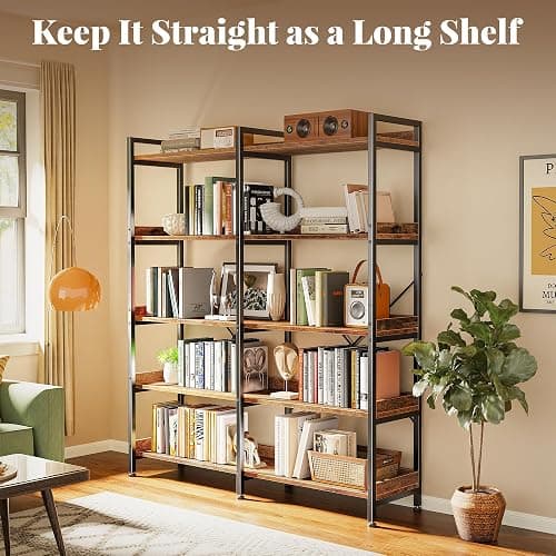 Huuger 5 Tier Bookshelf, Display Bookshelf with 10 Open Shelves and Raised Baffle, 47.2 Inch Straight Wide Bookcase with Metal Frame and Wooden Board, Adjustable Feet, Rustic Brown thumbnail 4